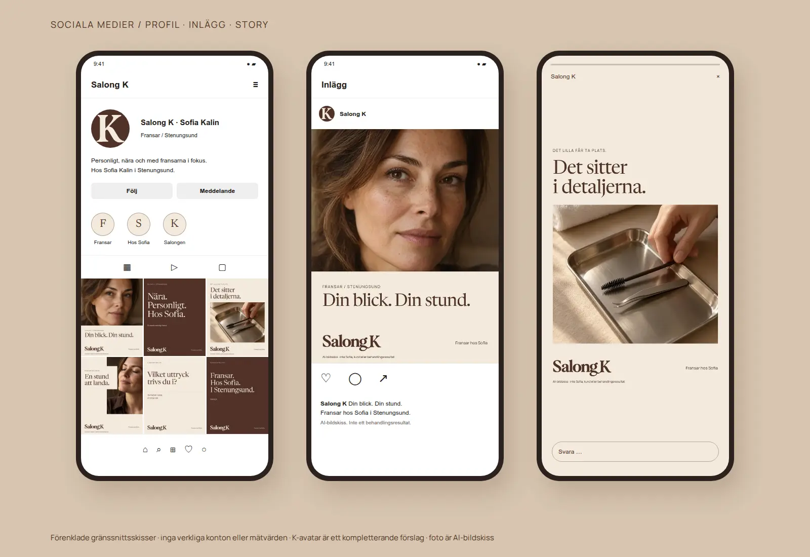 Illustrerade mobilvyer med Salong K:s profilbild, inlägg och story